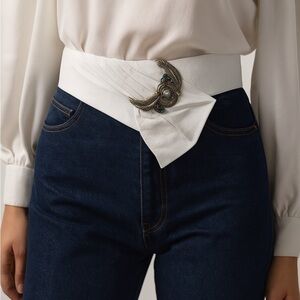 Vintage 80s Stefanie Kushner White Leather Belt Jeweled Feather Buckle Size S